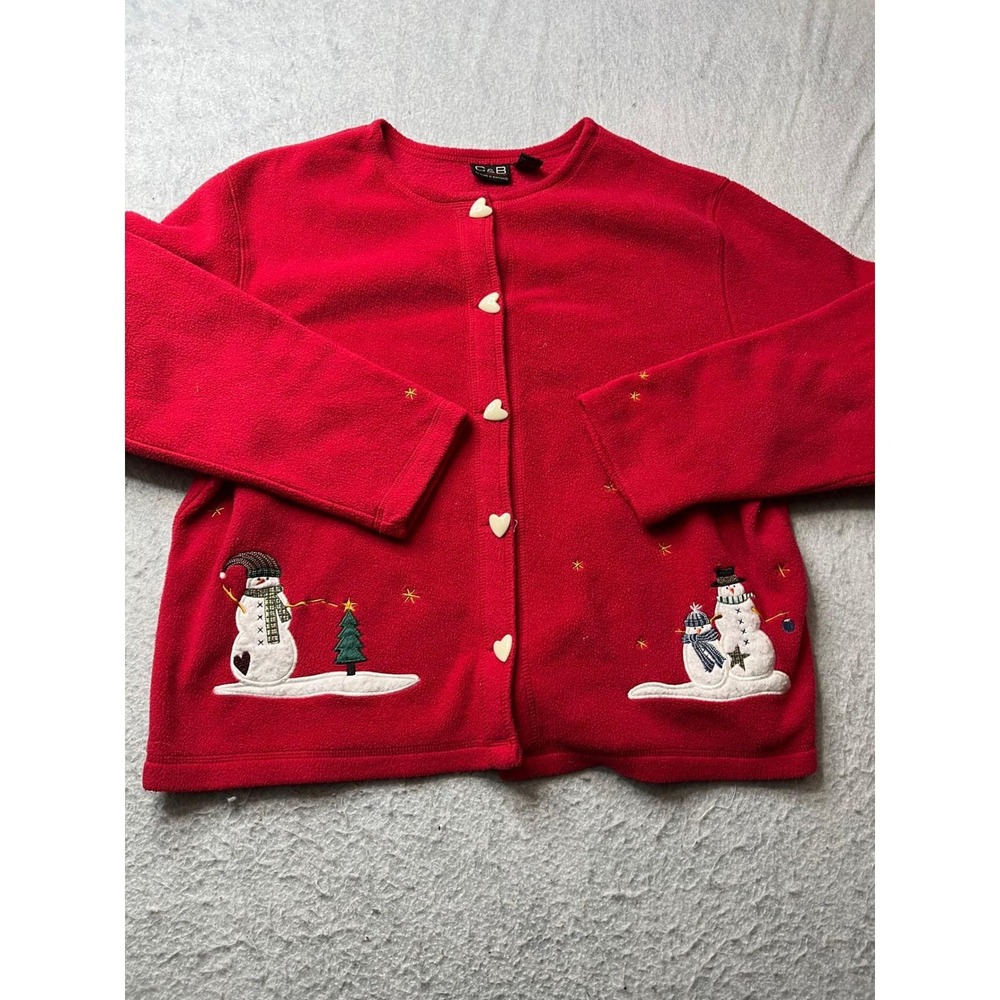 C&B Sport Red Fleece Snowman Embroidered Button Up Cardigan Sweater Women L VTG - Picture 1 of 7